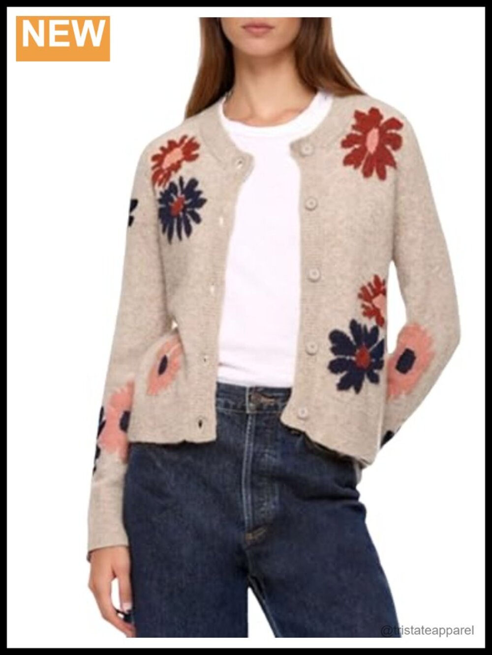 Cropped Floral Cardigan Wool Blend Relaxed Fit